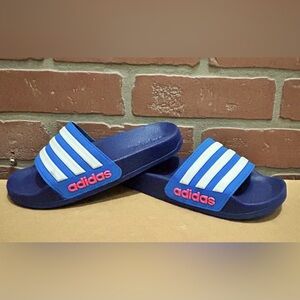 Adidas little boys slides,flip flops blue w/3 stripe white US child 12
